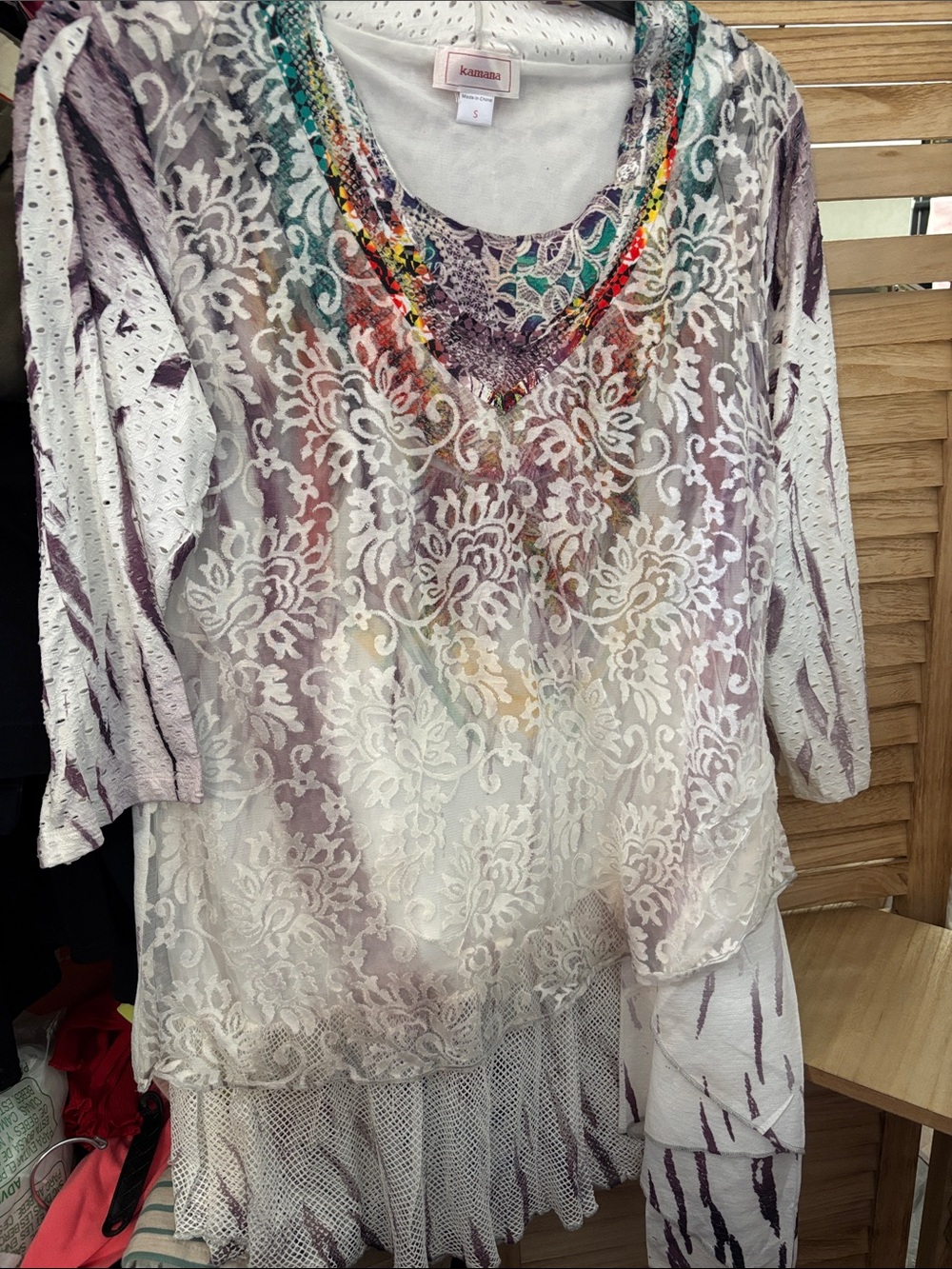 Kanana Layered Lace V-Neck Tunic - White with Multicolor Accents Small